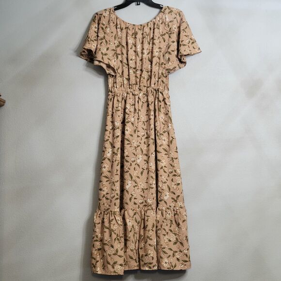 AUGUST SKY Womens Beige Floral Smocked Flutter Sleeve Midi Dress Cottagecore SM - Picture 2 of 7
